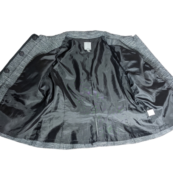 14P Black White Tweed Fitted Blazer 3/4 Sleeve Contrast Trim Abstract Stripe - Picture 5 of 13